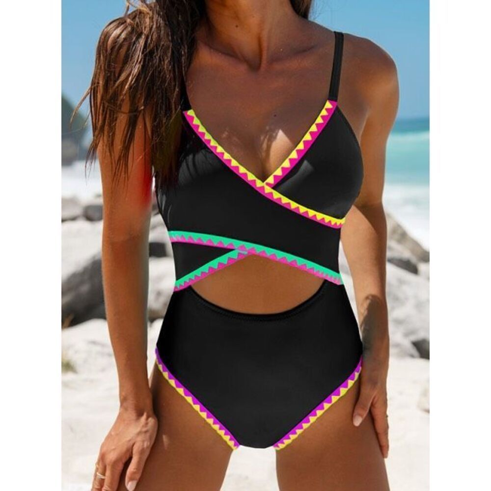 Black Cutout One-Piece Swimsuit with Neon Trim